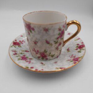 VINTAGE INARCO DEMI CUP & SAUCER ROSE CHINTZ E-728 FLORAL PINK WHITE & GOLD